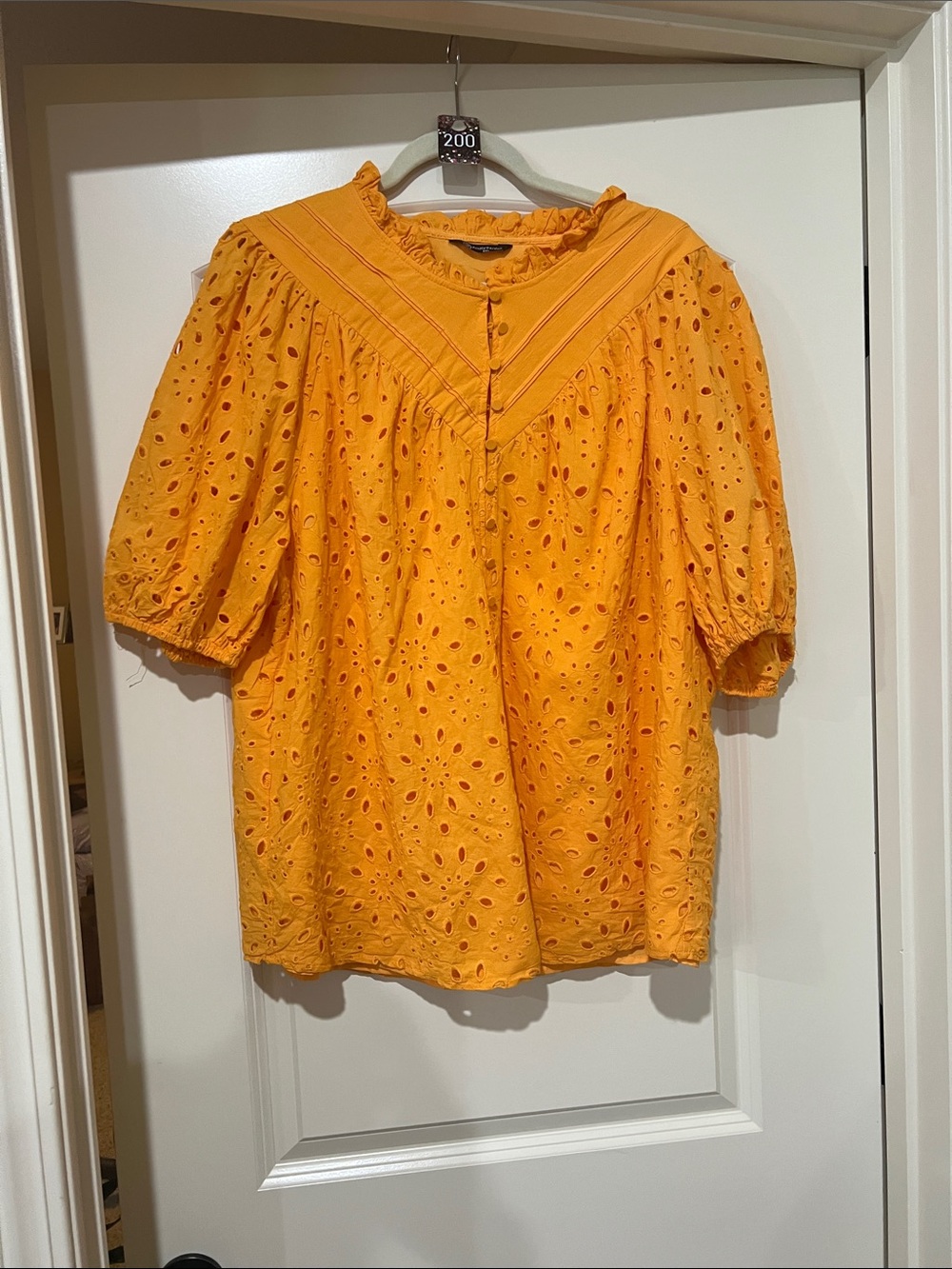 Bright orange  Eyelet Puff Sleeve Blouse with Ruffled Yoke H200